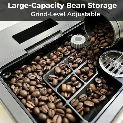 Large-capacity bean storage in Zero Fuss Automatic Espresso Machine With Built In Grinder, 19 Bar Coffee Maker for daily grind.