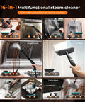 16-in-1 multifunctional steam cleaner in action on various surfaces, ideal for deep cleaning homes, kitchens, and cars.