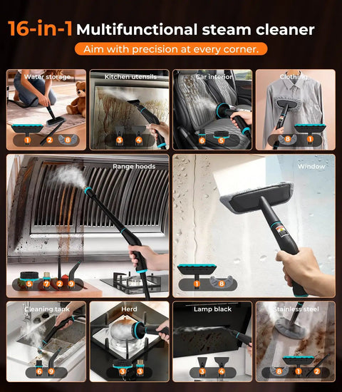 16-in-1 multifunctional steam cleaner in action on various surfaces, ideal for deep cleaning homes, kitchens, and cars.