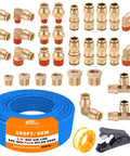 All In One 3 By 8 Inch Brass DOT Air Fittings Kit With 100 Ft Blue Air Line Hose shown with connectors, elbows, and adapters