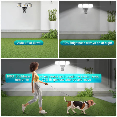 Plug In Outdoor Flood Light With Motion Sensor And Remote, 5500 Lumens, illuminating a yard, showing night and sensor modes