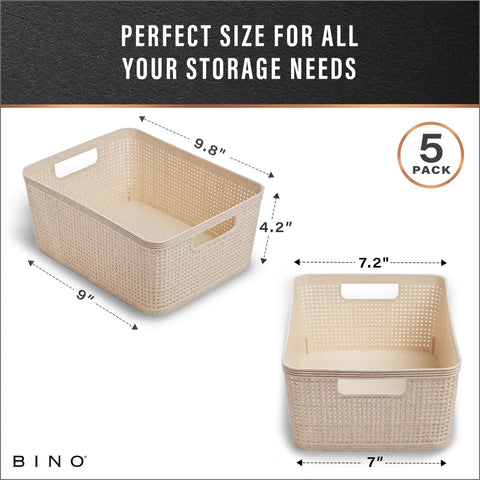 Small Natural Woven Plastic Basket 5 Pack Home Organization Closets Kitchen Bedrooms Space Saving Storage Bins dimensions with handles