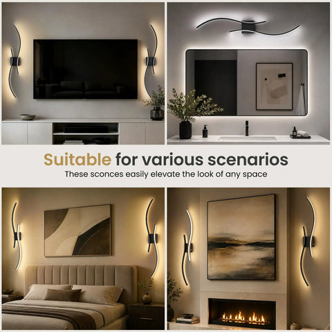 No Brainer Wireless Led Wall Sconces With Rock Solid 10000Mah Battery, 3CCT Lighting Tweak, Slick Black Shell, Quick Snap Install, Long Enduring Rechargeable Home Accent 2 Pack in various room settings.