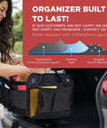 Heavy Duty Trunk Organizer For Cars, SUVs And Trucks With Adjustable Compartments, Collapsible Design, non-slip bottom in use