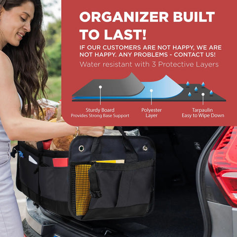 Heavy Duty Trunk Organizer For Cars, SUVs And Trucks With Adjustable Compartments, Collapsible Design, non-slip bottom in use