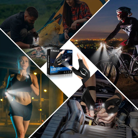 LED Flashlight Gloves For Men Dad Gift Night Work Gear With Illuminated Fingers, Camping Must Have For Him, shown in action scenes