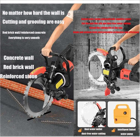 Game Changing Brushless Circular Saw Loaded With Powerful Water Pump And Four Premium Titanium Blades For Kicking Through Granite Brick Reinforced Concrete Walls Smooth Wet Cut 290Mm Depth 3000Rpm cutting through brick and concrete wall with integrated water cooling.