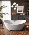 59 Inch Acrylic Freestanding Bathtub Glossy White Deep Ergonomic Soaking Tub Double Wall Insulation Compact Stand Alone Soaker in modern bathroom setting.