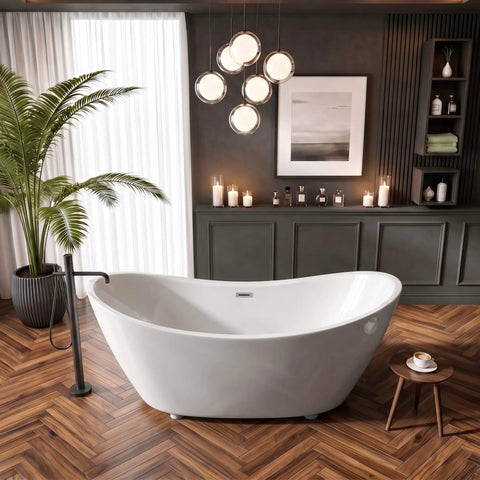 59 Inch Acrylic Freestanding Bathtub Glossy White Deep Ergonomic Soaking Tub Double Wall Insulation Compact Stand Alone Soaker in modern bathroom setting.