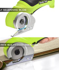 Cordless Electric Box Cutter Rechargeable Scissors with self-sharpening blade cutting material up to 1/4 inch thick.