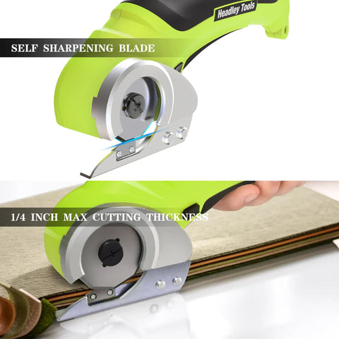 Cordless Electric Box Cutter Rechargeable Scissors with self-sharpening blade cutting material up to 1/4 inch thick.