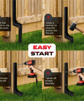 Adjustable Fence Post Repair Kit For Tilted Or Broken Wood Posts, Heavy Duty Steel Ground Spike Anchor being installed on fence