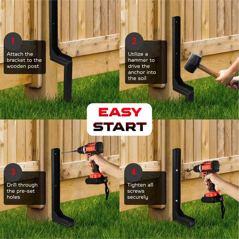 Adjustable Fence Post Repair Kit For Tilted Or Broken Wood Posts, Heavy Duty Steel Ground Spike Anchor being installed on fence