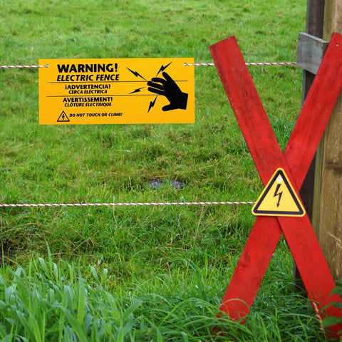 8 Pack Electric Fence Warning Signs 10 By 4 Inch Durable High Visibility Yellow And Black Signs For Farm Ranch Property Safety Warn Intruders Or Animals Easy Peel Adhesive Outdoor Weatherproof, mounted on fence
