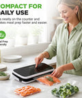 Person using Automatic Vacuum Sealer For Food Storage With Starter Kit And Quick Start Guide Compact Kitchen Gadget on counter