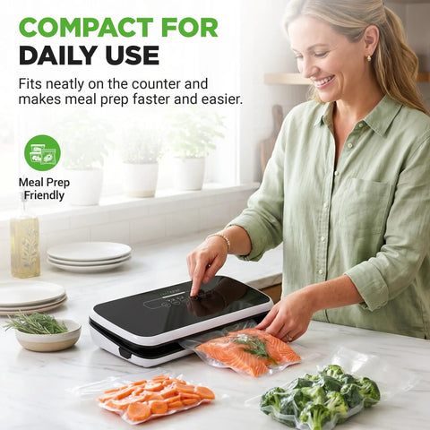 Person using Automatic Vacuum Sealer For Food Storage With Starter Kit And Quick Start Guide Compact Kitchen Gadget on counter