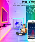 Color Changing LED Strip Lights 100 Feet Bluetooth Remote Music Sync for Bedroom and Decor showing vibrant lighting in room with phone app.