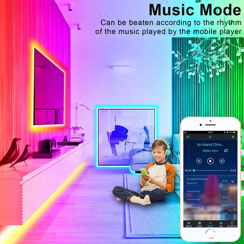 Color Changing LED Strip Lights 100 Feet Bluetooth Remote Music Sync for Bedroom and Decor showing vibrant lighting in room with phone app.