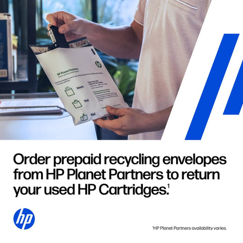 Hand holding prepaid recycling envelope for used ink cartridges from HP Planet Partners.