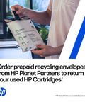 Heavy Duty Black Printer Ink Cartridge inside HP prepaid recycling envelope, promoting eco-friendly cartridge return.