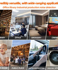 Decibel Meter Sound Level Meter With A Weighted Reading For Accurate Noise Data 30 To 130 Decibels Range Backlit LCD Screen shown in use across library, office, bedroom and cinema