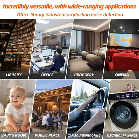 Decibel Meter Sound Level Meter With A Weighted Reading For Accurate Noise Data 30 To 130 Decibels Range Backlit LCD Screen shown in use across library, office, bedroom and cinema