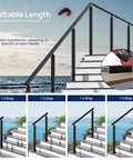Badass Eight Foot Black Aluminum Handrail With Hella Tough Powder Coated Finish And All The Mounting Hardware You Gonna Need Plus Smooth Nylon Ends For Outdoor Decks adaptable for various step heights against a scenic seascape.