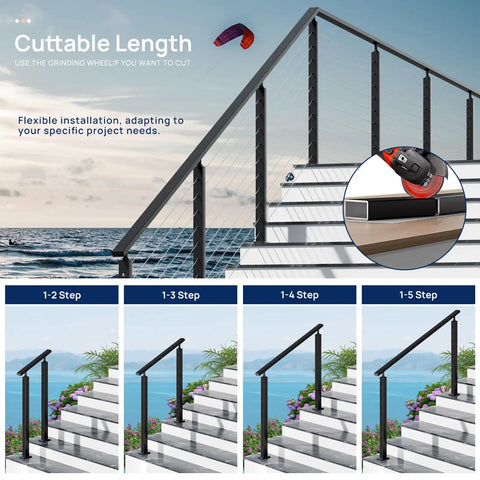 Flexible 9 Ft Black Aluminum Handrail options for stairs, cuttable length for custom installation, heavy-duty support.