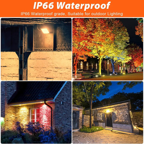 Led Floodlight RGB Ac220V 30W 50W 100W 200W Flood Light Color Changing illuminating outdoor trees and walls with vibrant colors.