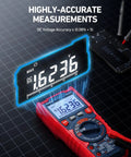 Close-up of Digital Multimeter TRMS 20000 Counts With Auto Ranging on grid, showing precise high-resolution voltage measurement.