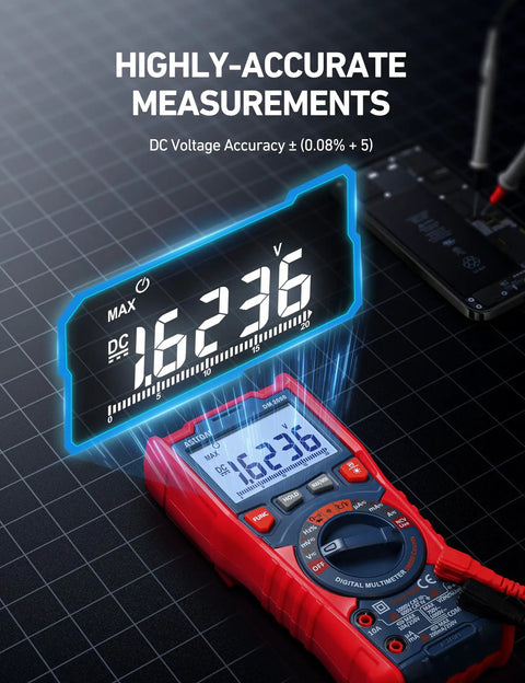 Close-up of Digital Multimeter TRMS 20000 Counts With Auto Ranging on grid, showing precise high-resolution voltage measurement.