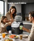 No Sweat Countertop Nugget Ice Maker grinds out 35 pounds of ice daily while a family enjoys drinks and food.