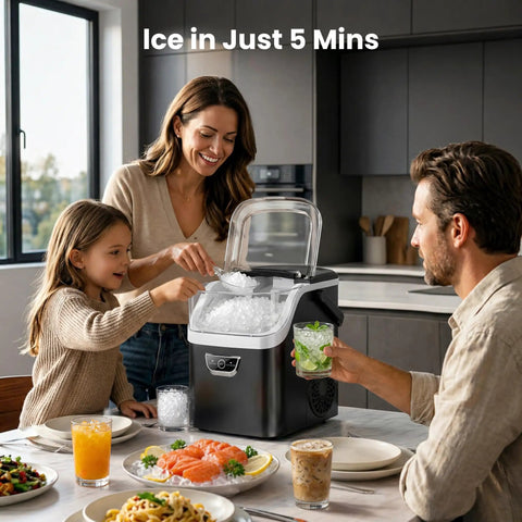 No Sweat Countertop Nugget Ice Maker grinds out 35 pounds of ice daily while a family enjoys drinks and food.