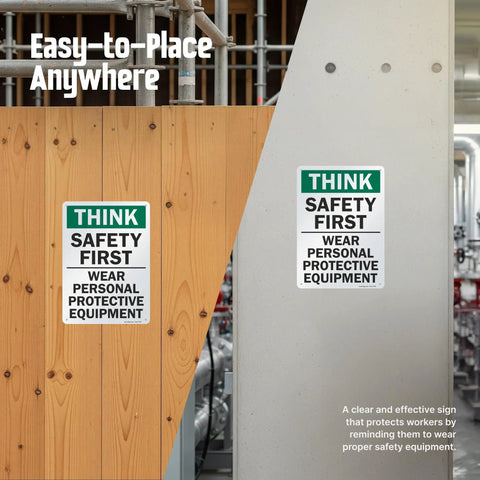 Think Safety First Wear Personal Protective Equipment Sign 10 By 14 Inch Aluminum Non Reflective Rust Free Durable 40 Mil Metal Sign With Four Corner Holes For Easy Mounting