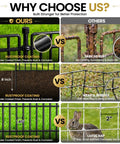 Comparison of Easy To Install No Dig Garden Fence With Gate 44 Inch High 23.6 Foot Long Decorative Metal Outdoor Dog Fence Rustproof Pet Fencing For Yard Patio Garden Bed Temporary Fence For Pets with other rust-prone fences showing rustproof coating and sturdy design.