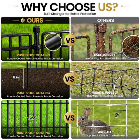 Comparison of Easy To Install No Dig Garden Fence With Gate 44 Inch High 23.6 Foot Long Decorative Metal Outdoor Dog Fence Rustproof Pet Fencing For Yard Patio Garden Bed Temporary Fence For Pets with other rust-prone fences showing rustproof coating and sturdy design.