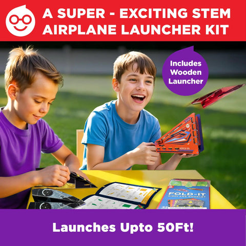 Two kids assembling DIY Paper Airplane Craft Kit With Launcher, 50 Planes In 5 Designs, STEM Fun For Kids Ages 6 Plus, at table.