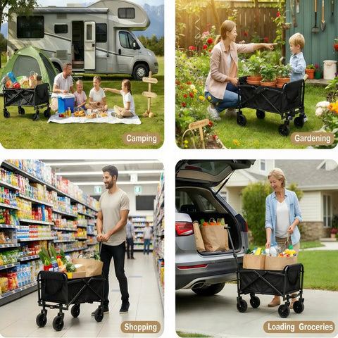 80L Foldable Wagon Cart With All Terrain Wheels used for camping, gardening, grocery shopping, and loading groceries