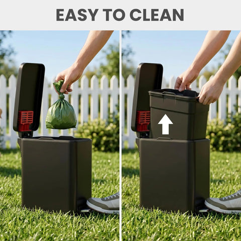 3 Gallon 12 Liter Dog Poop Trash Can with Lid and AbsorbX Odor Filter for Outdoor Use, shown being used in a backyard.