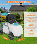 Heavy Duty 16 Gallon Battery Powered Sprayer With Wheeled Cart 0 To 90 PSI shown outdoors with specifications overlay.