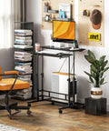 Level Up Your Daily Grind With This Electric Adjustable Standing Desk Featuring A Built In Power Hub With Dual Usb Ports And A Roll Away Storage Shelf In Sleek Black Finish, showcasing a workspace with a computer and stylish chair.