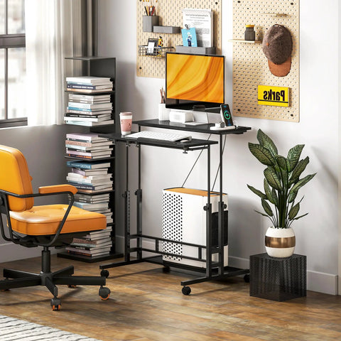 Level Up Your Daily Grind With This Electric Adjustable Standing Desk Featuring A Built In Power Hub With Dual Usb Ports And A Roll Away Storage Shelf In Sleek Black Finish, showcasing a workspace with a computer and stylish chair.