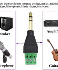 Diagram of 1/4 Inch TRS Audio Screw Terminal Block Adapter with connections to speaker, amplifier, microphone, and guitar.