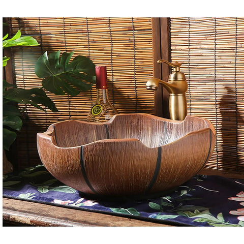 USZWBY Bathroom Vessel Sink Bathroom Sink Above Counter 16.1”X5.9”Luxurious Bathroom Vessel Sink Retro Ceramic bowl with faucet.