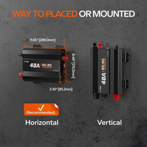 Hella Reliable 12V 40A DC To DC Lithium Battery Charger With Smart Multi Stage Charging shown in horizontal and vertical placement options.