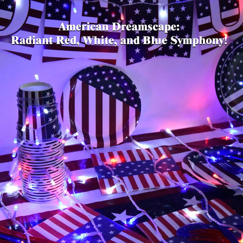 Red White and Blue Battery Operated Outdoor Lights With Timer About Ten Feet Long 30 LED Waterproof For Fourth Of July