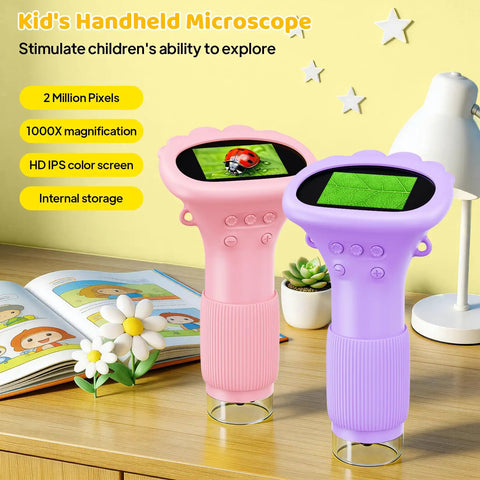 Kid Friendly Microscope 200x Zoom With 2 Inch HD Camera, STEM Learning Kit For Ages 3 To 12, Purple Built For Curious Kids on desk