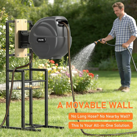 Freestanding Garden Hose Reel Stand For Outdoors No Wall Drilling Required With Sturdy Mounting Brackets in garden scene