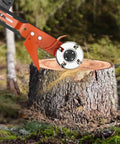 Knockout Chainsaw Mill Attachment And Log Debarker Peeler Featuring Four Heavy Duty Blades cutting a log into smooth lumber slabs.
