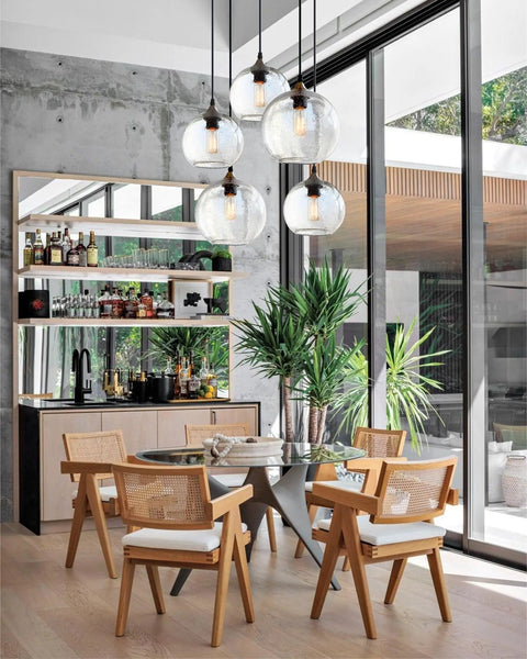 Hand Blown Glass Pendant Lights Over Kitchen Island With Seeded Bubbles Globe Lamp, Clear 8.7 Inch Diameter, Adjustable 60 Inch Cord